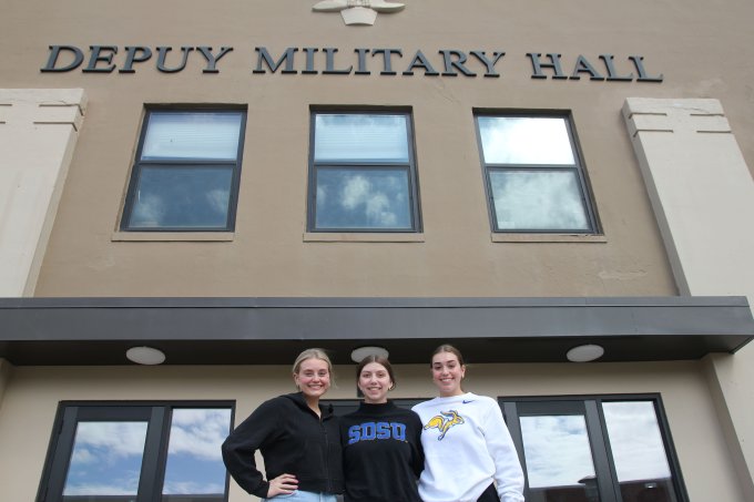 Natvig sisters outside DePuty Military Hall
