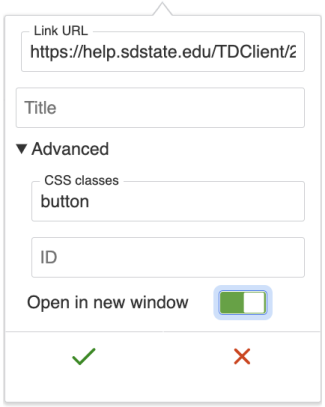 link dialog pane showing CSS classes field with button text