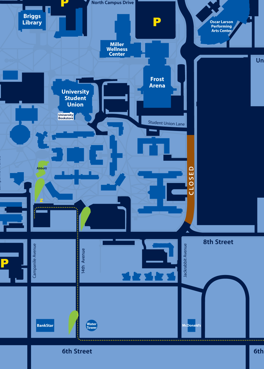 Map showing directions to Abbott Hall for Meet State Move-in Weekend.