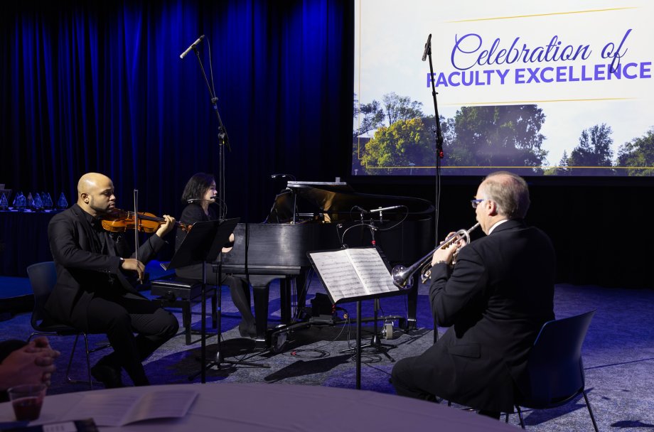 School of Performing Arts faculty members Immanuel Abraham, Xuan Kuang and David Reynolds perform at the 2024 Celebration of Faculty Excellence in Volstorff Ballroom at South Dakota State University.