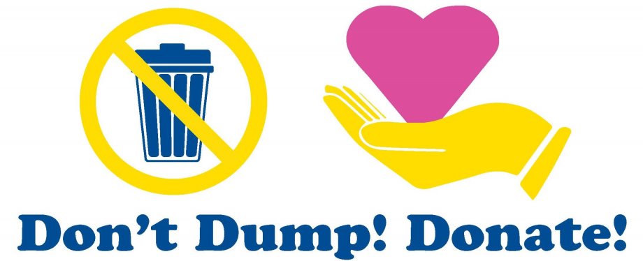 "A trash can with an "x" through it and a hand holding a heart. It says "Don't Dump! Donate!""
