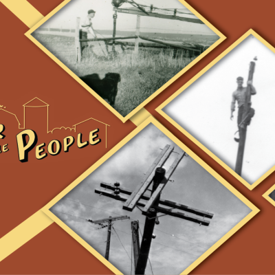 Power to the People logo with black and white pictures of electricians and farmers