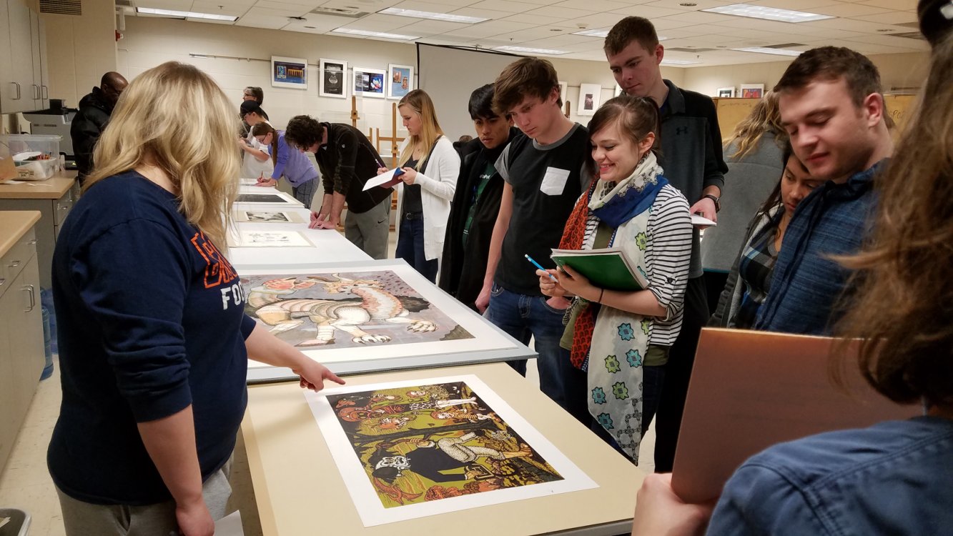 SDSU printmaking class examines works from the Cockerline Collection, 2018