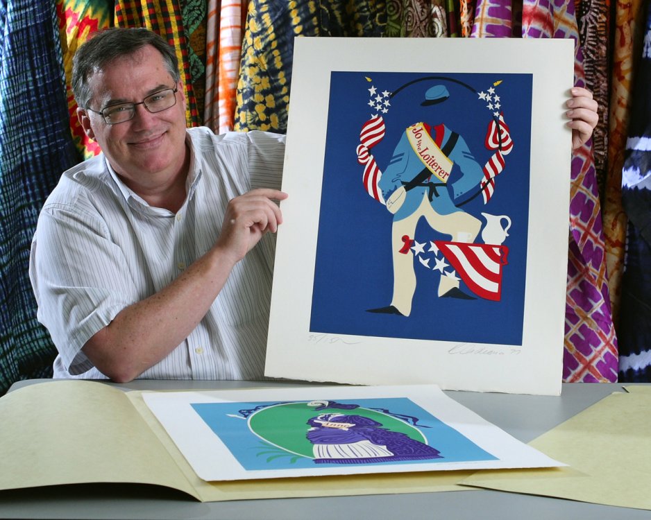 Neil Cockerline holding print from his collection