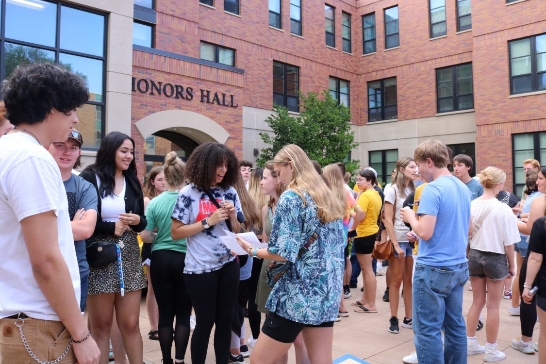 Students in the Honors Hall Courtyard during HCSO's "Awkward Party"
