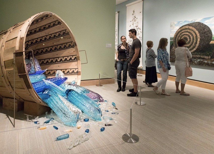 "Bonanza Blue" blown glass corn in basket by Michael "Mick" Meilahn in "Primordial Shift" exhibition at SDAM.
