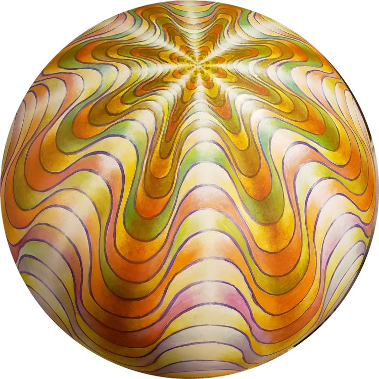 Dick Termes "Shell Shocked," 2021 acylic on lexan sphere  Courtesy of the Artist, SDAM exhibition