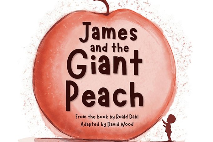 A drawing shows a small child standing next to and looking at a giant peach.